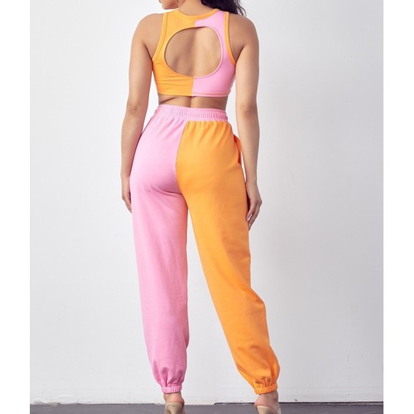 Two Tone Pink and Orange Jogger Set with Back Cutout - Picture 2 of 3